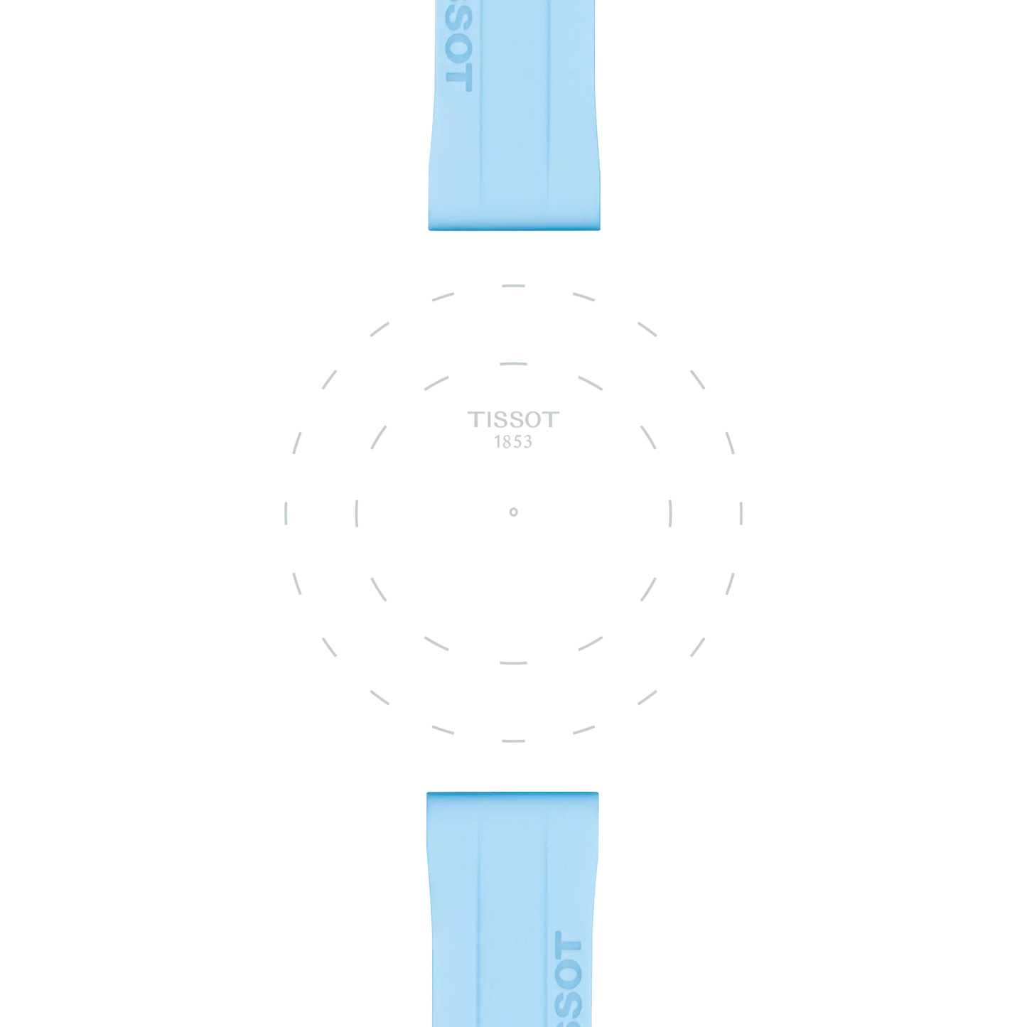 Tissot Official Blue Silicone Strap Lugs 22 mm frame a white background adorned with dashed circular lines and “TISSOT 1853” at the center, evoking the outline and branding of a Tissot watch face.