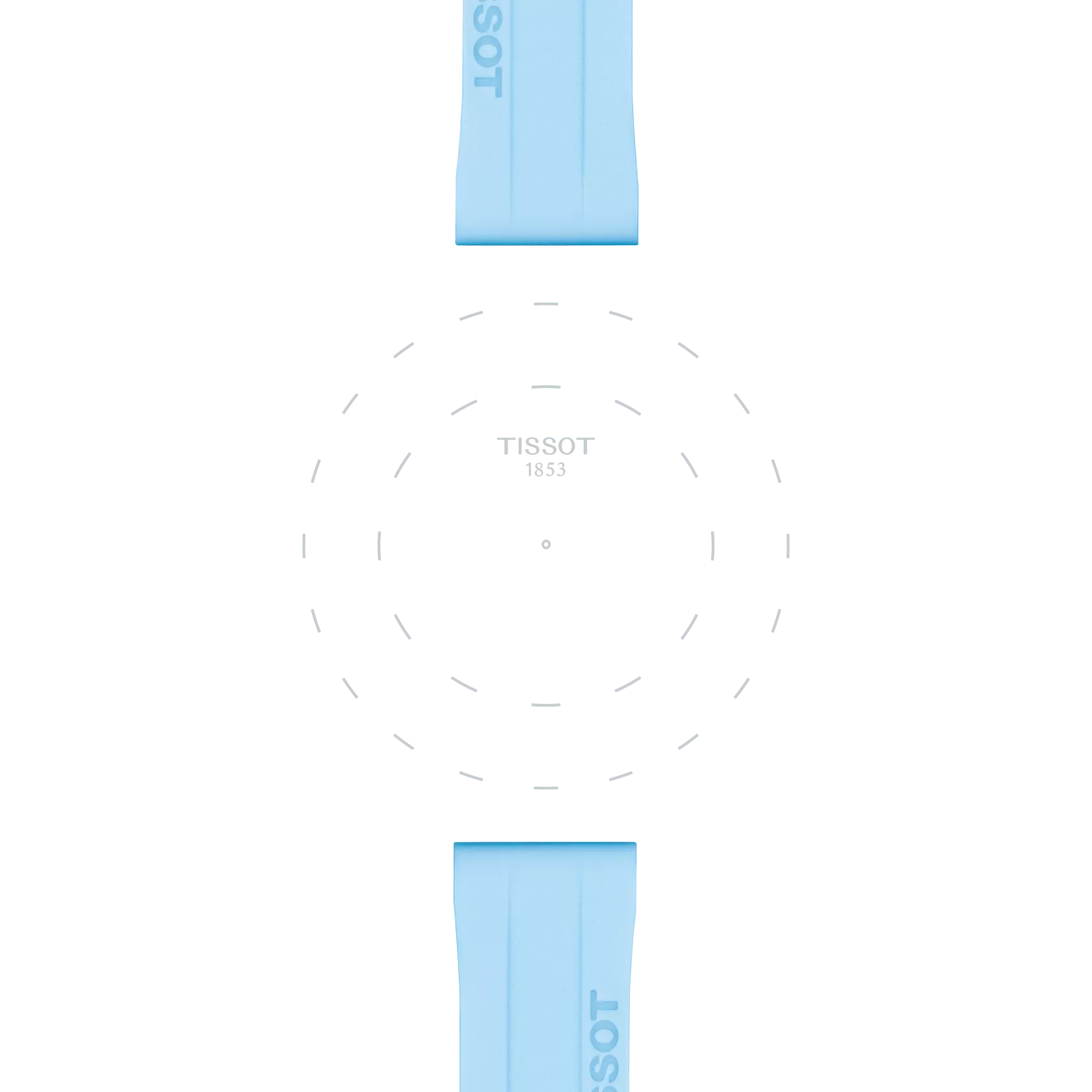 Tissot Official Blue Silicone Strap Lugs 22 mm frame a white background adorned with dashed circular lines and “TISSOT 1853” at the center, evoking the outline and branding of a Tissot watch face.
