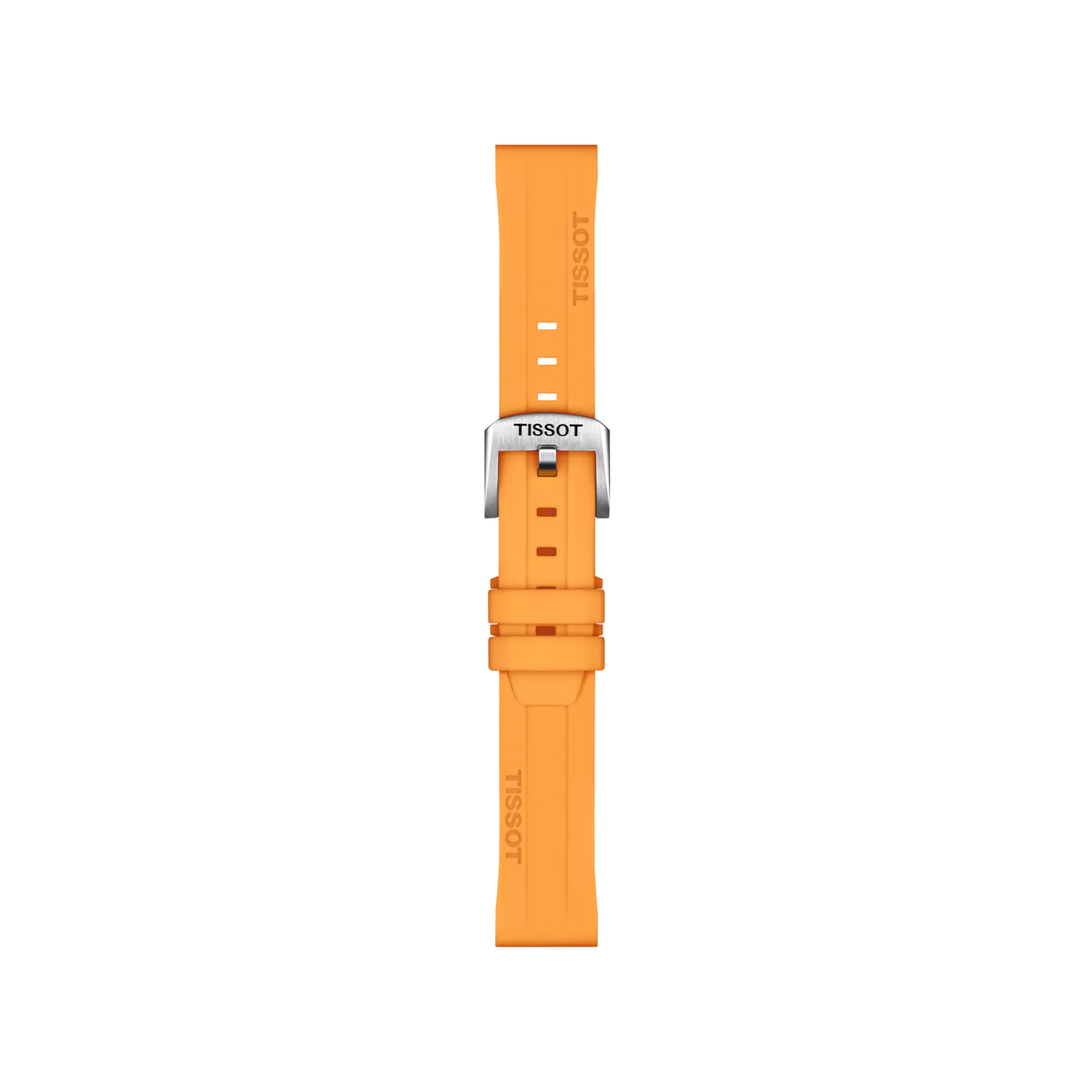 The Tissot Official Orange Silicone Strap Lugs 18 mm is shown lying flat on a white background, featuring a bright orange color and a silver buckle. The "Tissot" brand name appears on both ends of the strap.