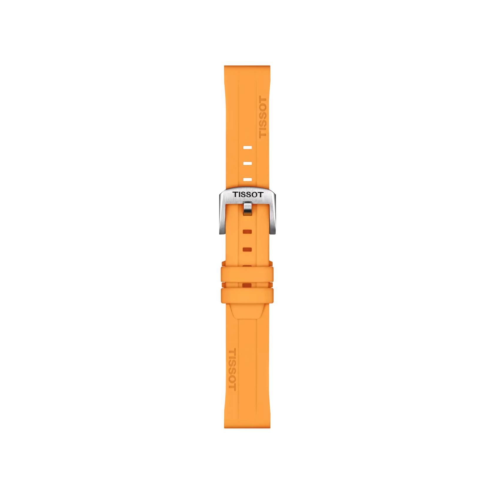 The Tissot Official Orange Silicone Strap Lugs 18 mm is shown lying flat on a white background, featuring a bright orange color and a silver buckle. The "Tissot" brand name appears on both ends of the strap.