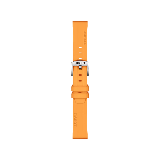 The Tissot Official Orange Silicone Strap Lugs 18 mm is shown lying flat on a white background, featuring a bright orange color and a silver buckle. The "Tissot" brand name appears on both ends of the strap.