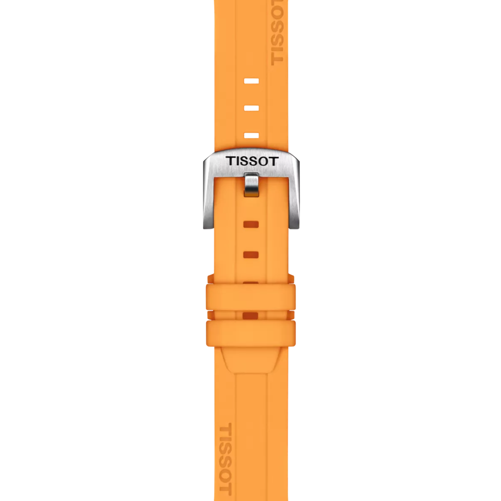 Close-up of the Tissot Official Orange Silicone Strap Lugs 18 mm, featuring a silver buckle with the Tissot logo engraved on the metal and embossed on the vibrant orange silicone strap, viewed from above against a plain white background.