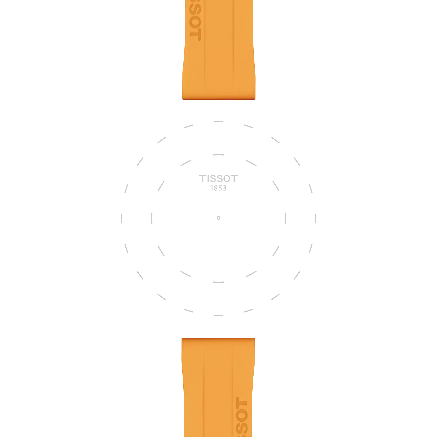 Two Tissot Official Orange Silicone Strap Lugs (18 mm) are positioned at the top and bottom of the image, with a faint, dashed circular outline and the Tissot logo centered on a white background.