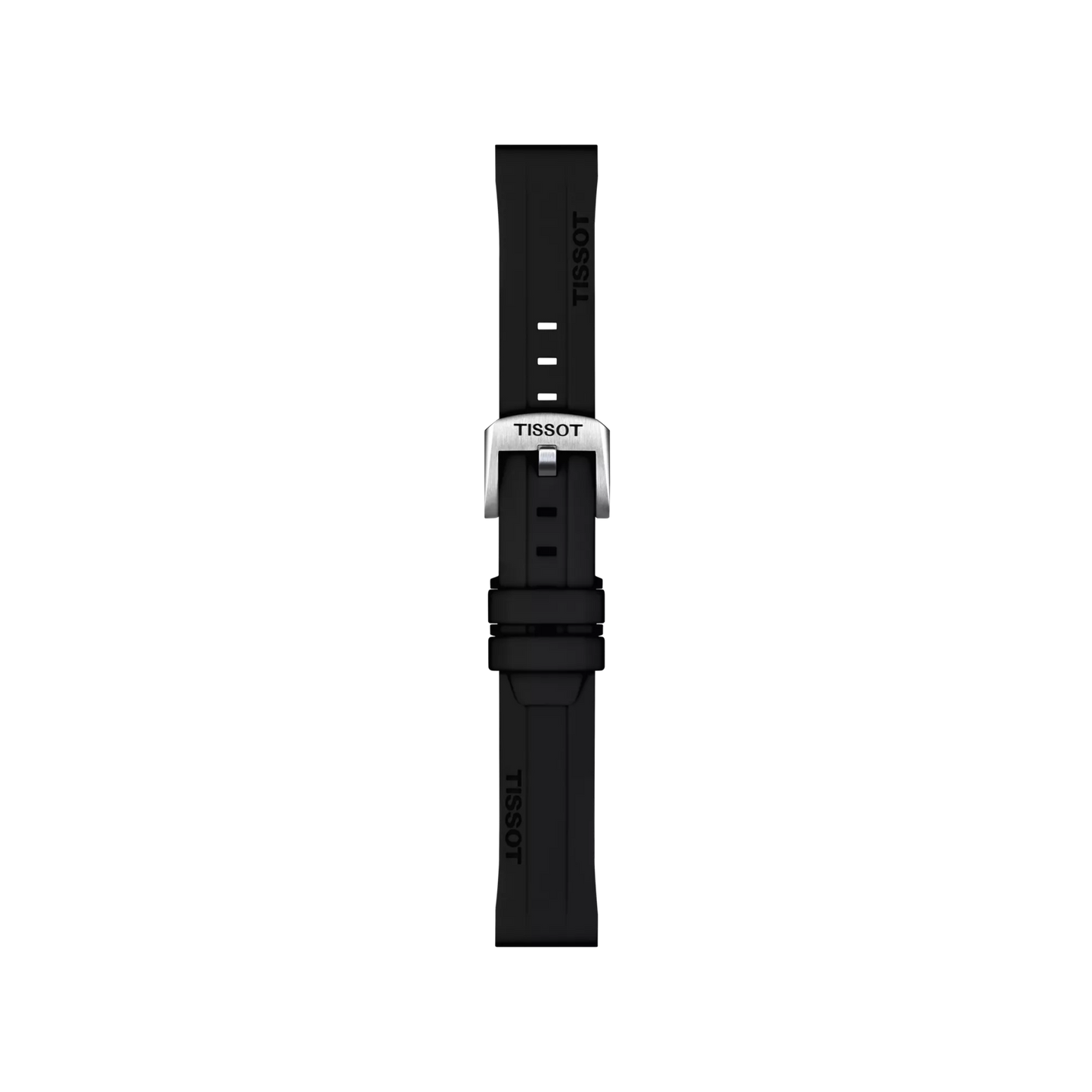 The Tissot Official Black Silicone Strap Lugs 18 mm, featuring a silver buckle, is displayed vertically on a plain white background. The Tissot logo is visible on both the band and the clasp.