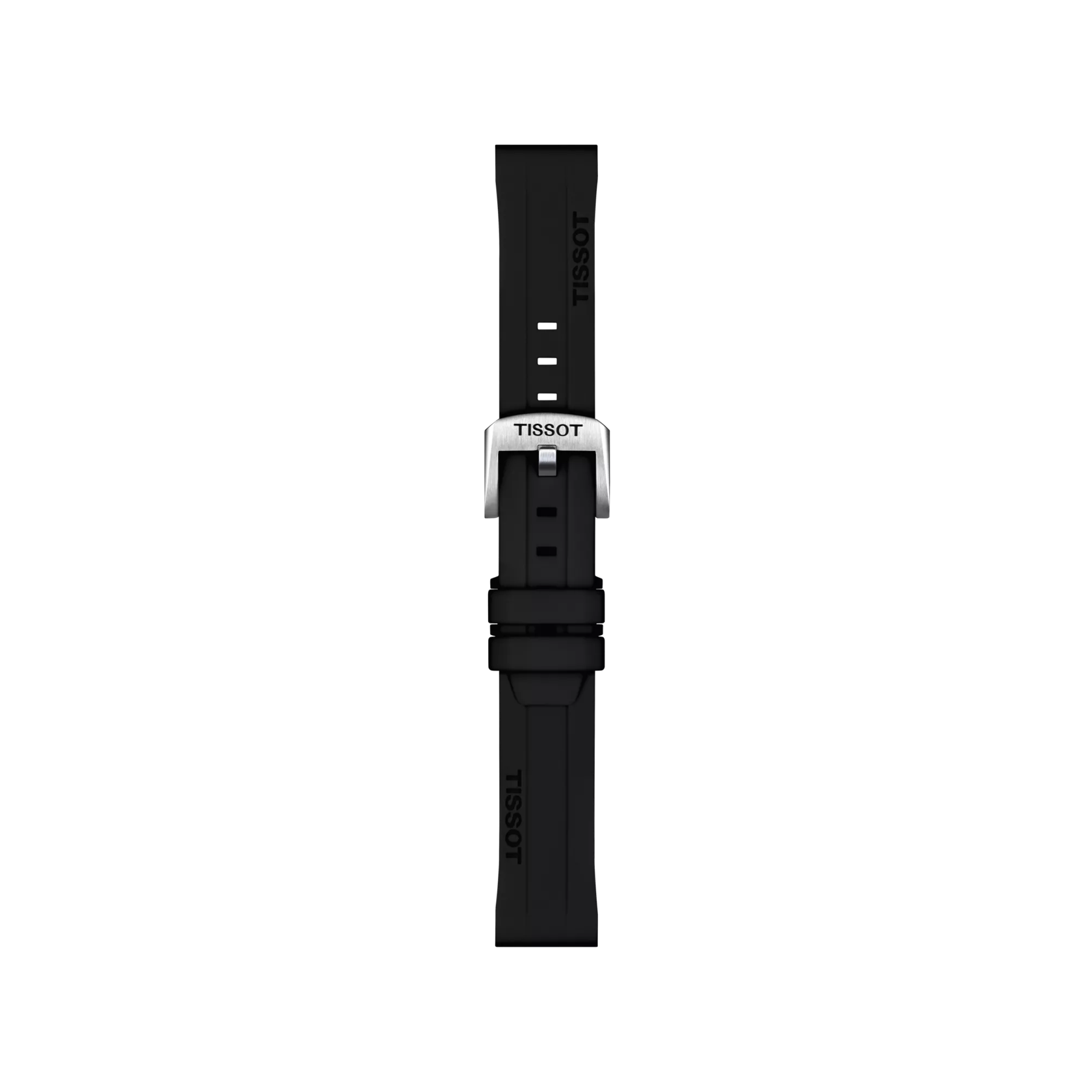 The Tissot Official Black Silicone Strap Lugs 18 mm, featuring a silver buckle, is displayed vertically on a plain white background. The Tissot logo is visible on both the band and the clasp.