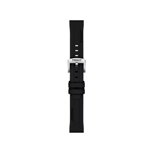 The Tissot Official Black Silicone Strap Lugs 18 mm, featuring a silver buckle, is displayed vertically on a plain white background. The Tissot logo is visible on both the band and the clasp.