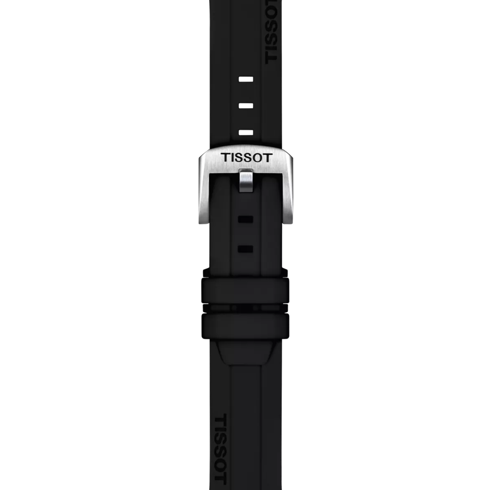 A close-up of the Tissot Official Black Silicone Strap Lugs 18 mm features a silver buckle with adjustment holes, showcasing the engraved Tissot logo on the buckle and the printed logo on the strap.