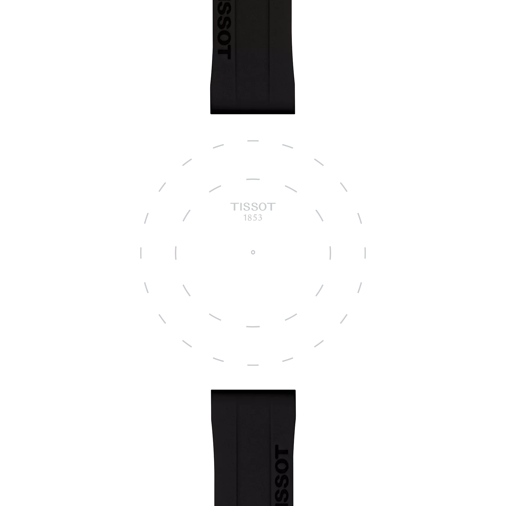 A display of Tissot Official Black Silicone Strap Lugs 18 mm arranged vertically, featuring dashed concentric circles and the "TISSOT 1853" logo centered on a white background.