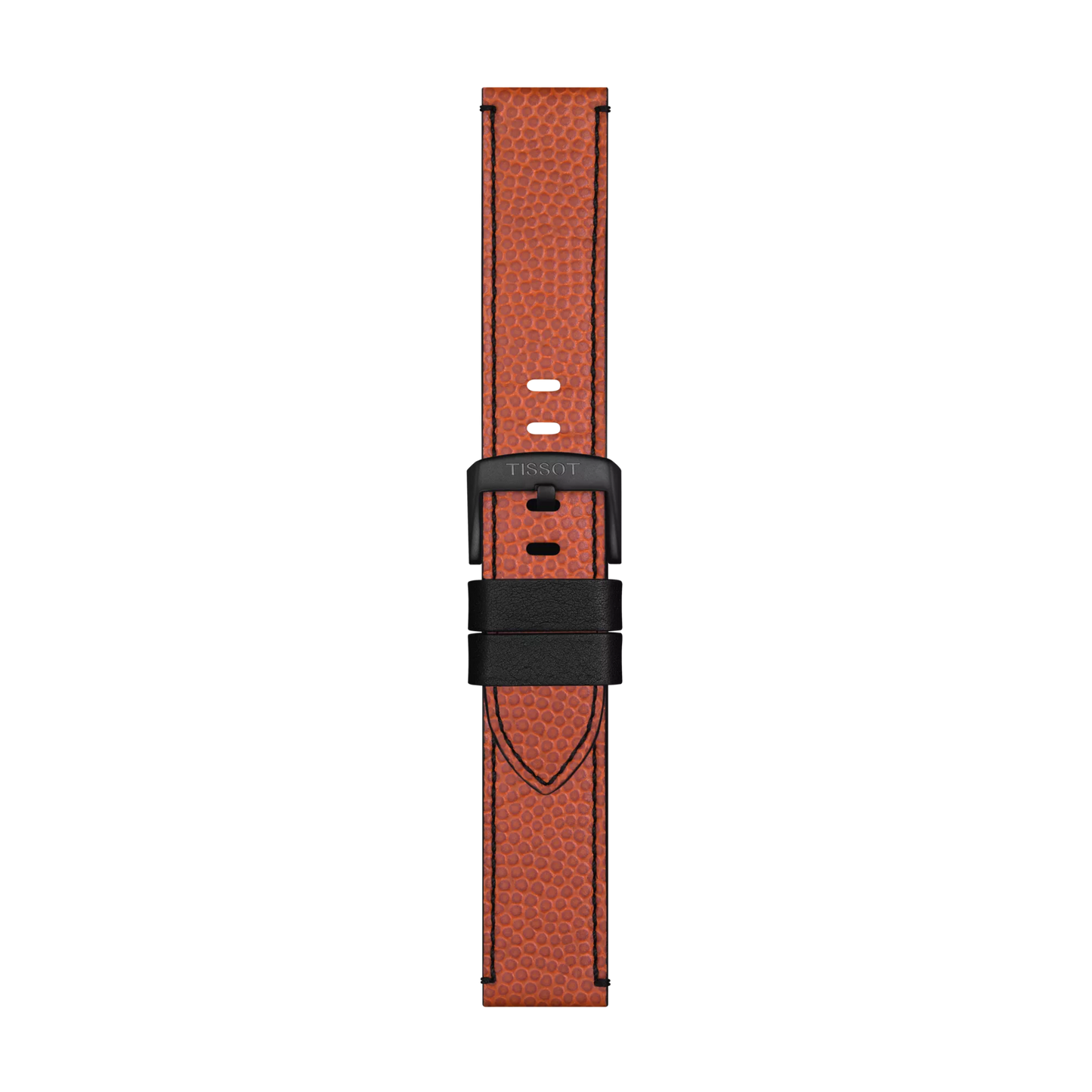 The Tissot Official NBA WILSON® leather strap, featuring orange textured leather with black stitching, a black buckle, and two black loops, is displayed vertically on a plain white background.