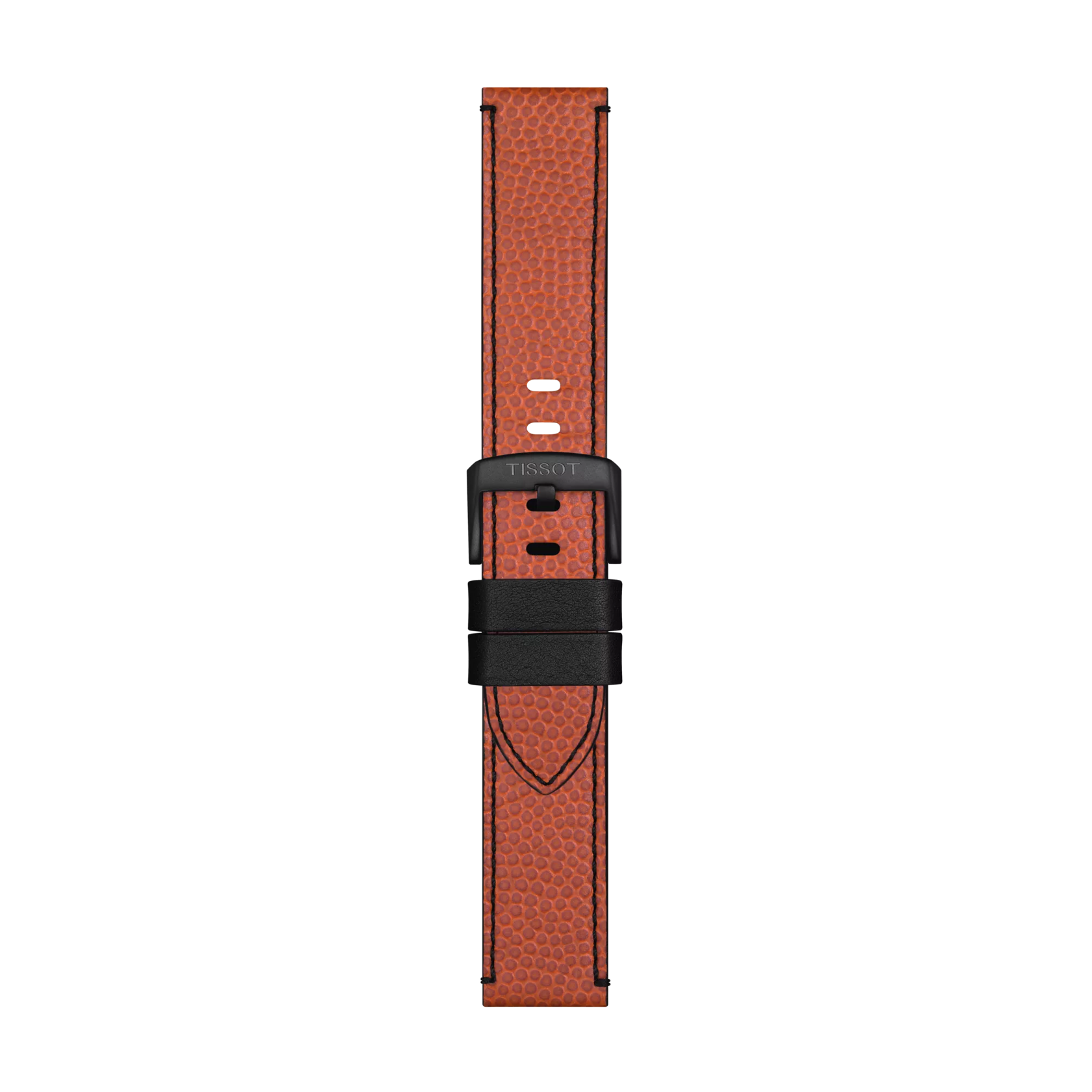The Tissot Official NBA WILSON® leather strap, featuring orange textured leather with black stitching, a black buckle, and two black loops, is displayed vertically on a plain white background.