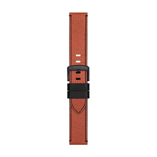 The Tissot Official NBA WILSON® leather strap, featuring orange textured leather with black stitching, a black buckle, and two black loops, is displayed vertically on a plain white background.