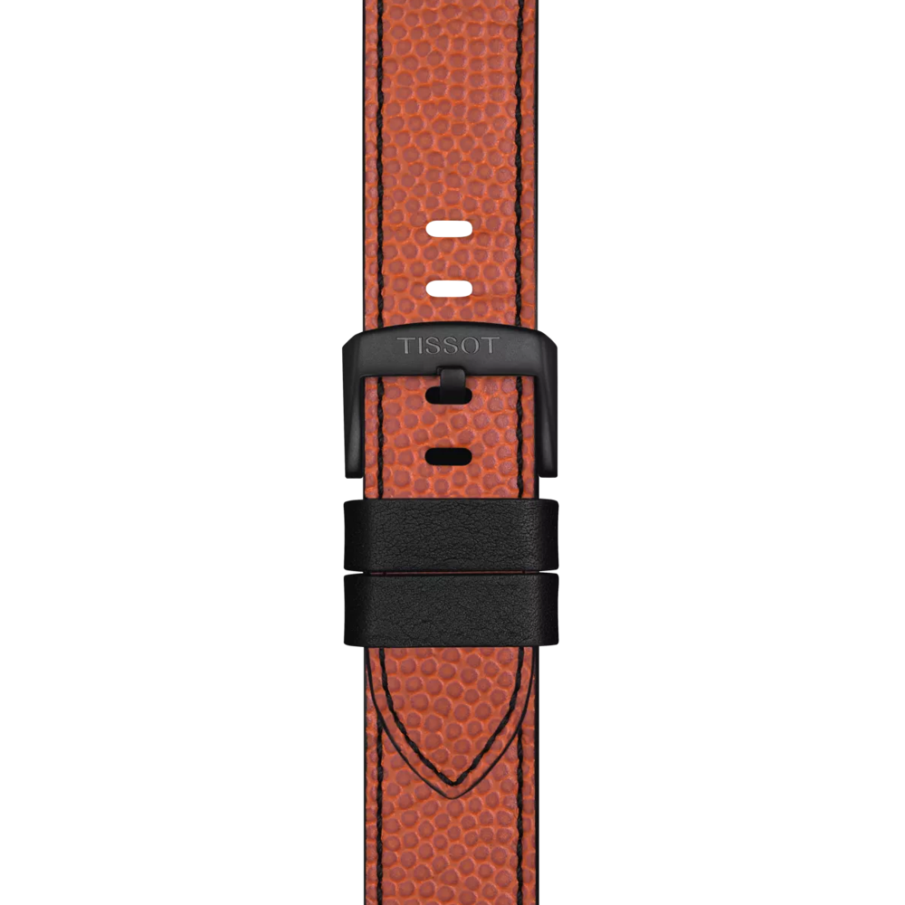 Close-up of the Tissot Official NBA WILSON® Leather Strap, featuring orange textured leather with black stitching and a black Tissot-branded buckle, shown against a white background.