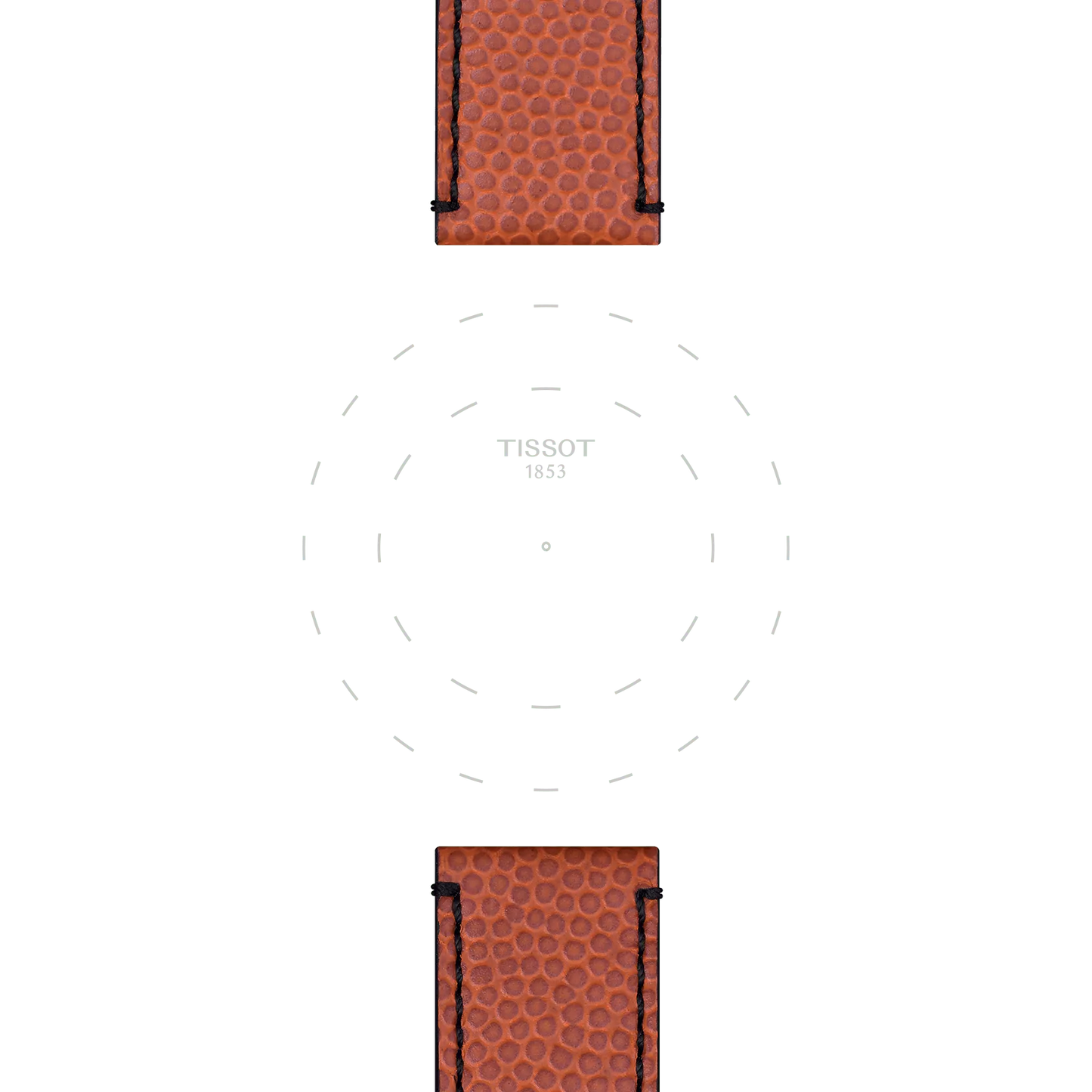 A Tissot Official NBA WILSON® Leather Strap Lugs 22mm watch featuring a face with dashed hour markers, “TISSOT 1853” at the center, and two textured brown leather straps visible at the top and bottom against a white background.