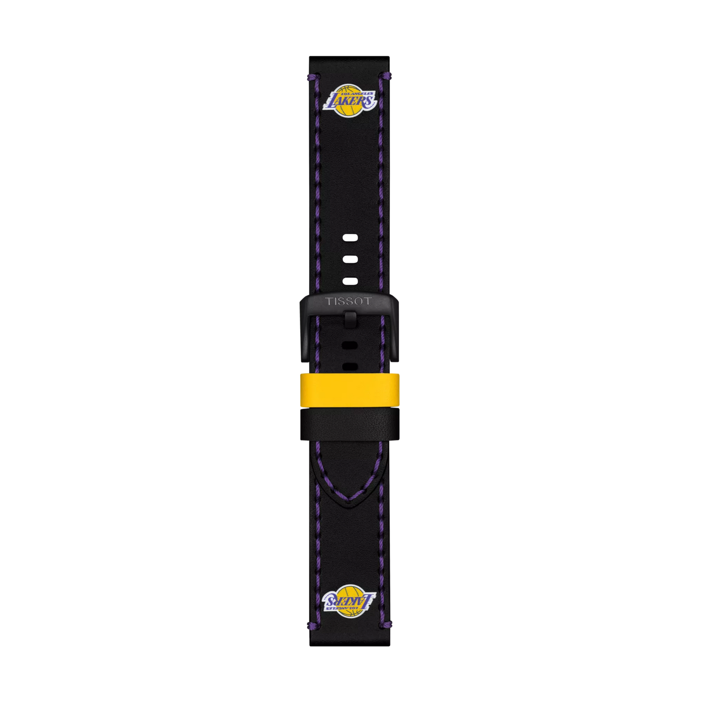 The Tissot Official Black Leather Strap (Lugs 22 mm) features black leather with purple stitching, a yellow accent, and Los Angeles Lakers logos at both ends. The black clasp is engraved with the Tissot brand name. The product is displayed against a plain white background.
