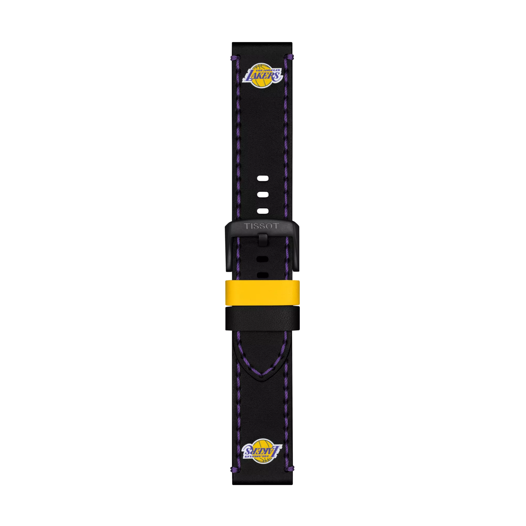 The Tissot Official Black Leather Strap (Lugs 22 mm) features black leather with purple stitching, a yellow accent, and Los Angeles Lakers logos at both ends. The black clasp is engraved with the Tissot brand name. The product is displayed against a plain white background.