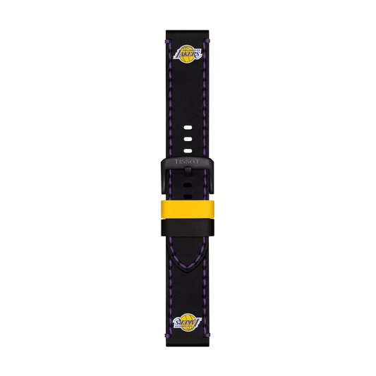 The Tissot Official Black Leather Strap (Lugs 22 mm) features black leather with purple stitching, a yellow accent, and Los Angeles Lakers logos at both ends. The black clasp is engraved with the Tissot brand name. The product is displayed against a plain white background.