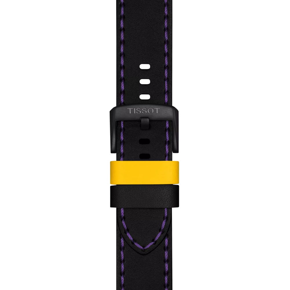 The Tissot Official Black Leather Strap with 22 mm lugs is displayed vertically on a white background. It features purple stitching, a black buckle, and yellow and black loops.