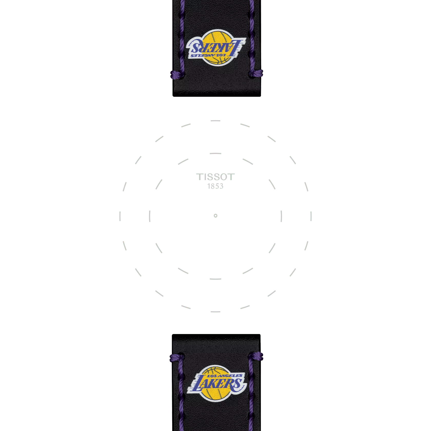 Close-up of the Tissot Official Black Leather Strap Lugs 22 mm, featuring the Tissot branding in the center of the watch face and the Los Angeles Lakers logo displayed on both the top and bottom sections of the black leather strap.
