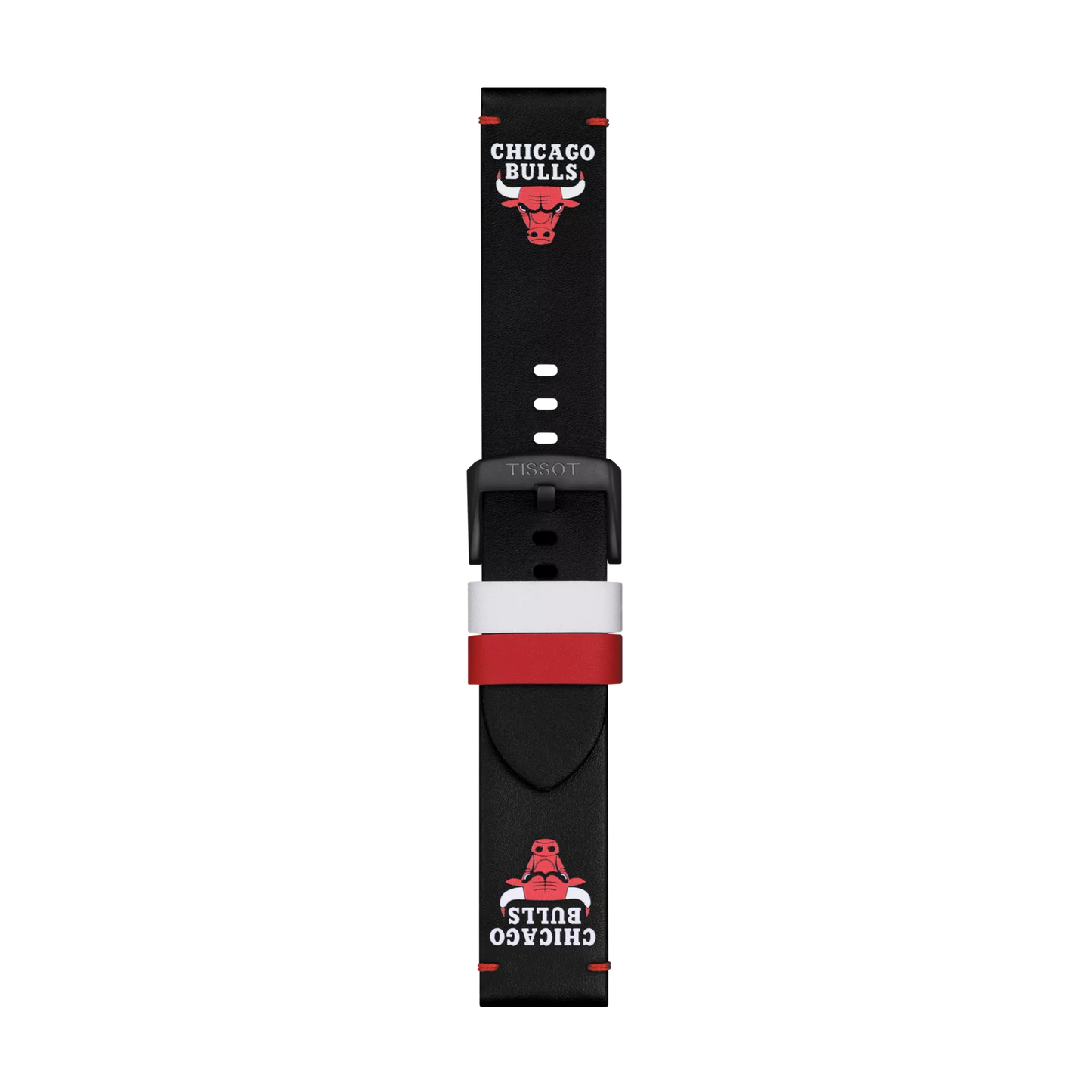 Tissot Official Black Leather Strap with 22 mm lugs, featuring red and white accents and the Chicago Bulls logo and text at both ends, shown lying flat on a white background.