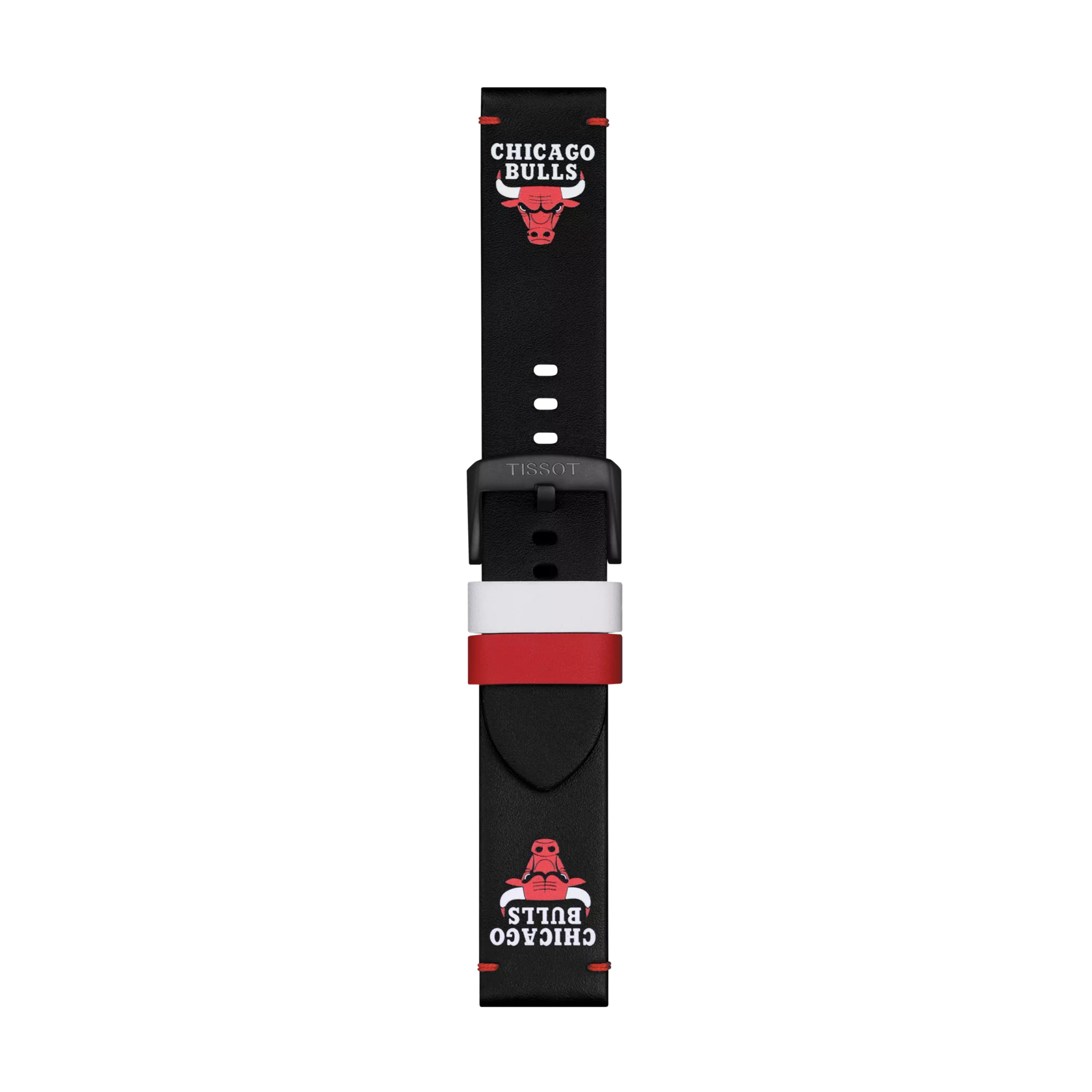 Tissot Official Black Leather Strap with 22 mm lugs, featuring red and white accents and the Chicago Bulls logo and text at both ends, shown lying flat on a white background.