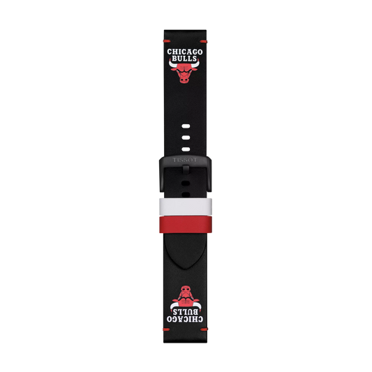 Tissot Official Black Leather Strap with 22 mm lugs, featuring red and white accents and the Chicago Bulls logo and text at both ends, shown lying flat on a white background.