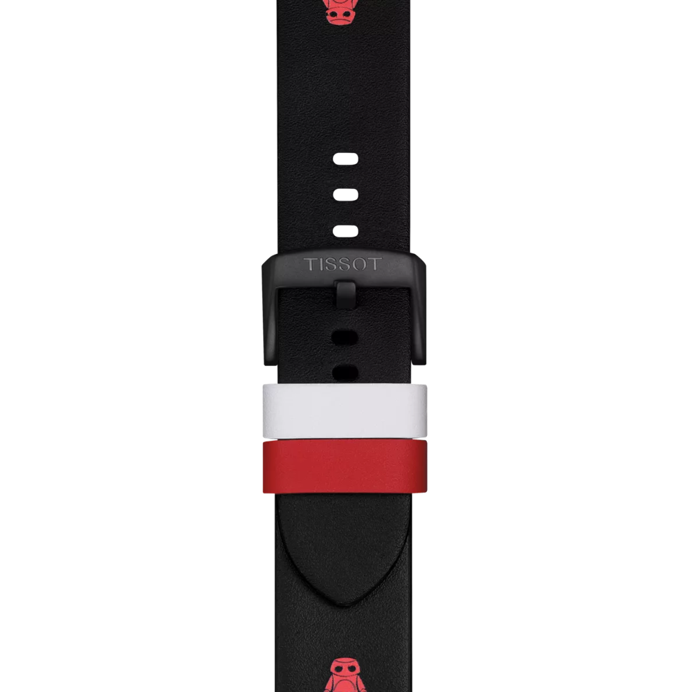 Tissot Official Black Leather Strap Lugs 22 mm featuring a black buckle, subtle small red helmet graphics, and two loops—one white and one red—displayed against a white background.