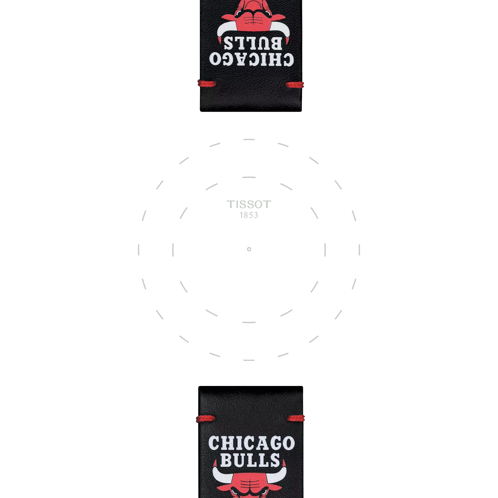 Black leather watch straps, featuring the Chicago Bulls logo and text at the top and bottom, are arranged above and below a faint dashed circular outline labeled "TISSOT 1853" in the center. The product displayed is the Tissot Official Black Leather Strap Lugs 22 mm by Tissot, set against a white background.