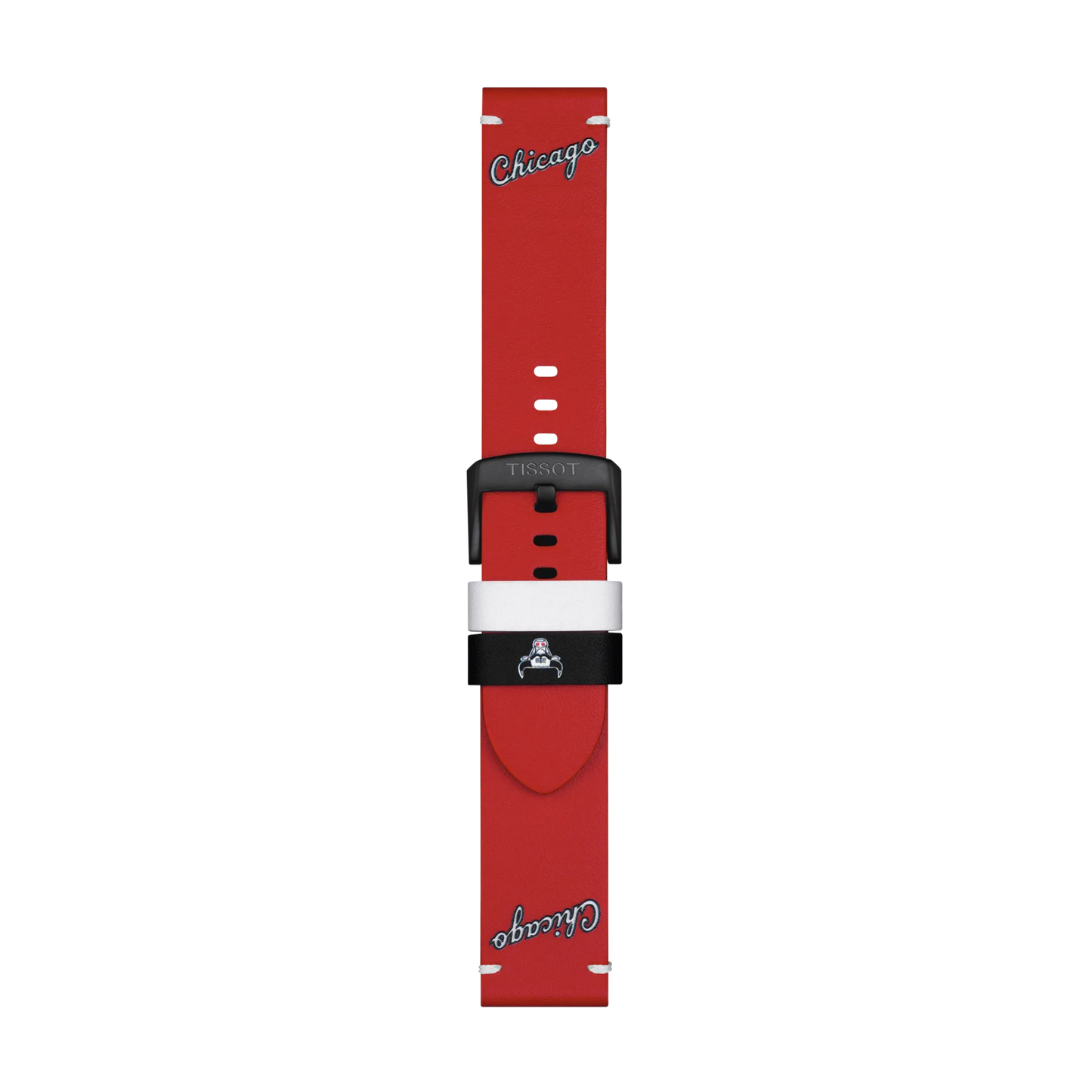 Tissot Official Red Leather Strap (22 mm lugs) featuring "Chicago" in script at both ends, a small central logo, and a black clasp engraved with "Tissot," displayed on a plain white background.