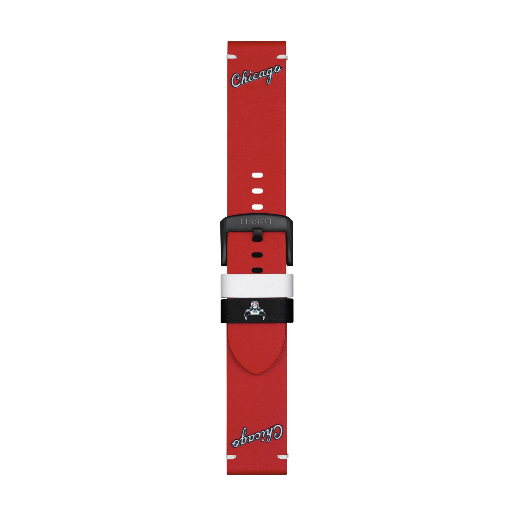 Tissot Official Red Leather Strap (22 mm lugs) featuring "Chicago" in script at both ends, a small central logo, and a black clasp engraved with "Tissot," displayed on a plain white background.
