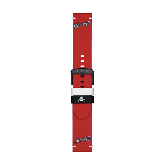 Tissot Official Red Leather Strap (22 mm lugs) featuring "Chicago" in script at both ends, a small central logo, and a black clasp engraved with "Tissot," displayed on a plain white background.