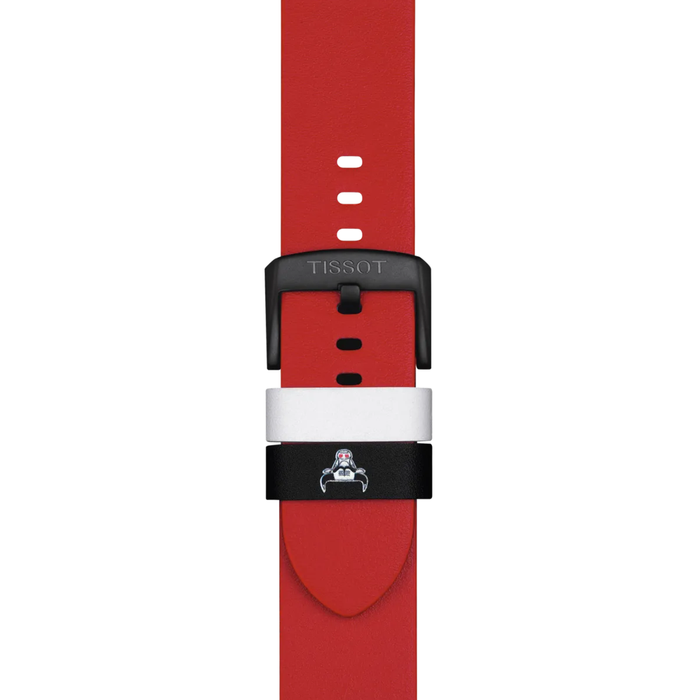 A close-up of the Tissot Official Red Leather Strap Lugs 22 mm, featuring a black buckle, white loop, and a black loop adorned with a small racing car graphic.