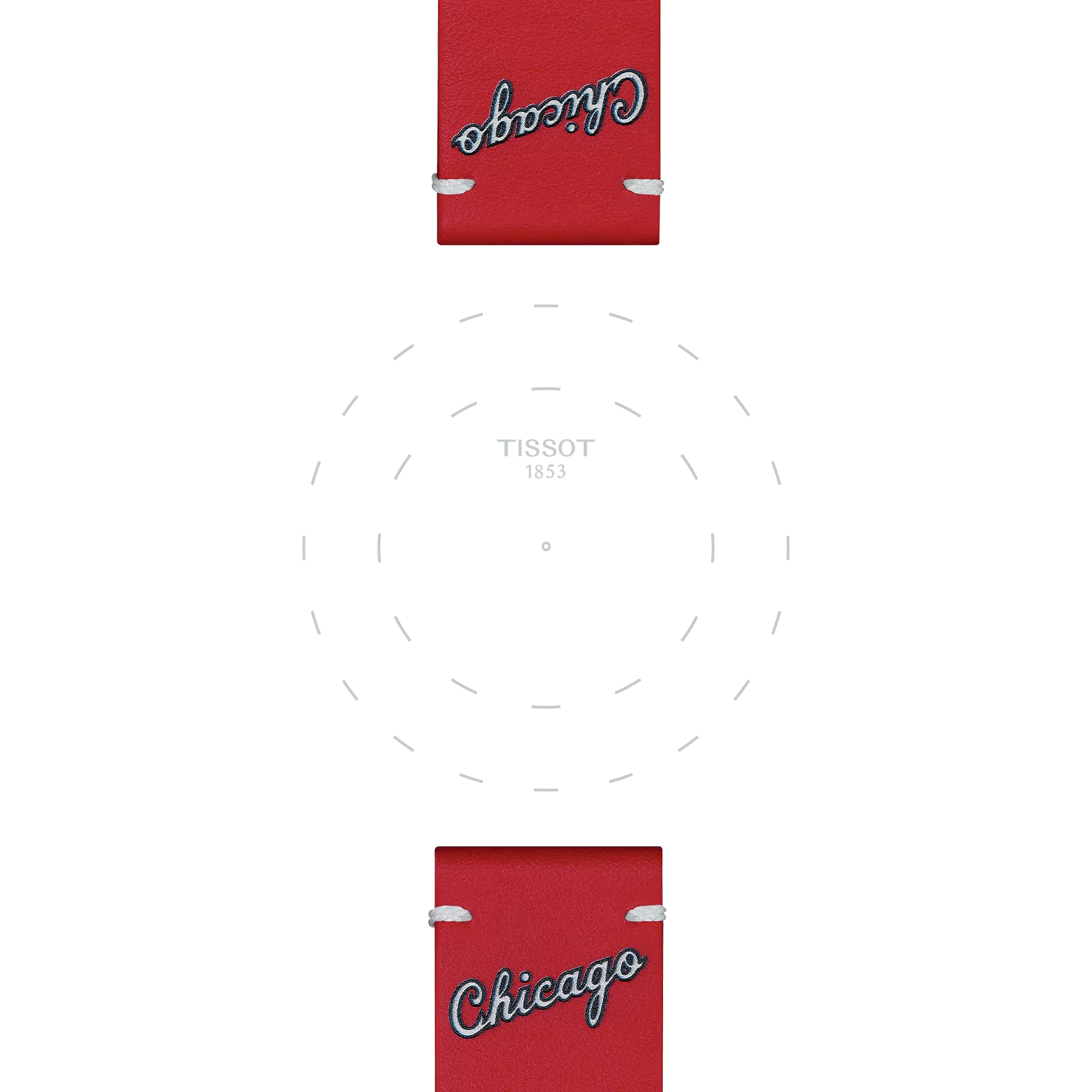 Tissot Official Red Leather Strap (22 mm lugs) featuring white stitching, “Chicago” written in script on both ends, and faint watch dial markings with the "TISSOT 1853" logo at the center.