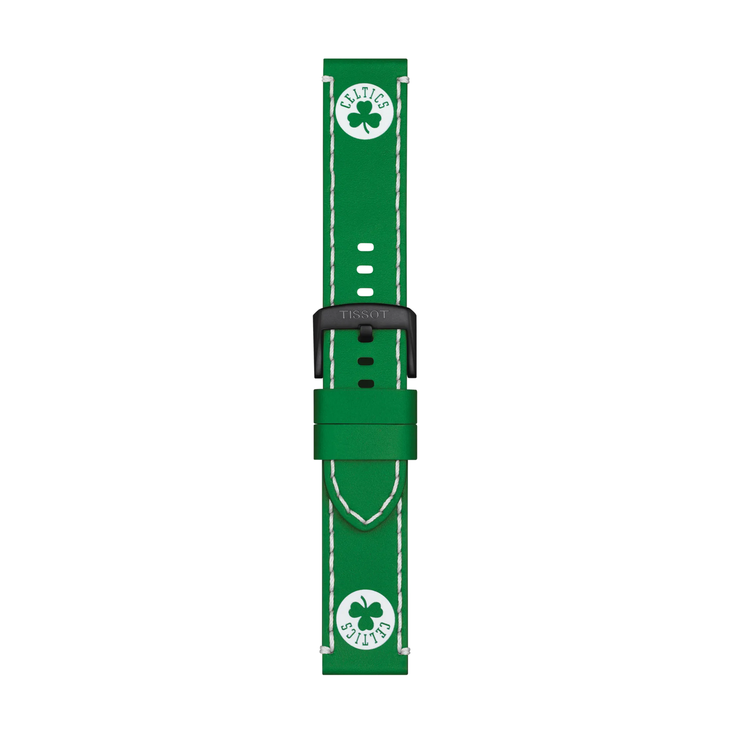 The Tissot Official Green Leather Strap (Lugs 22 mm) features white stitching and displays the Boston Celtics shamrock logo on both ends. The black buckle is engraved with the Tissot brand name, and the strap is pictured against a white background.