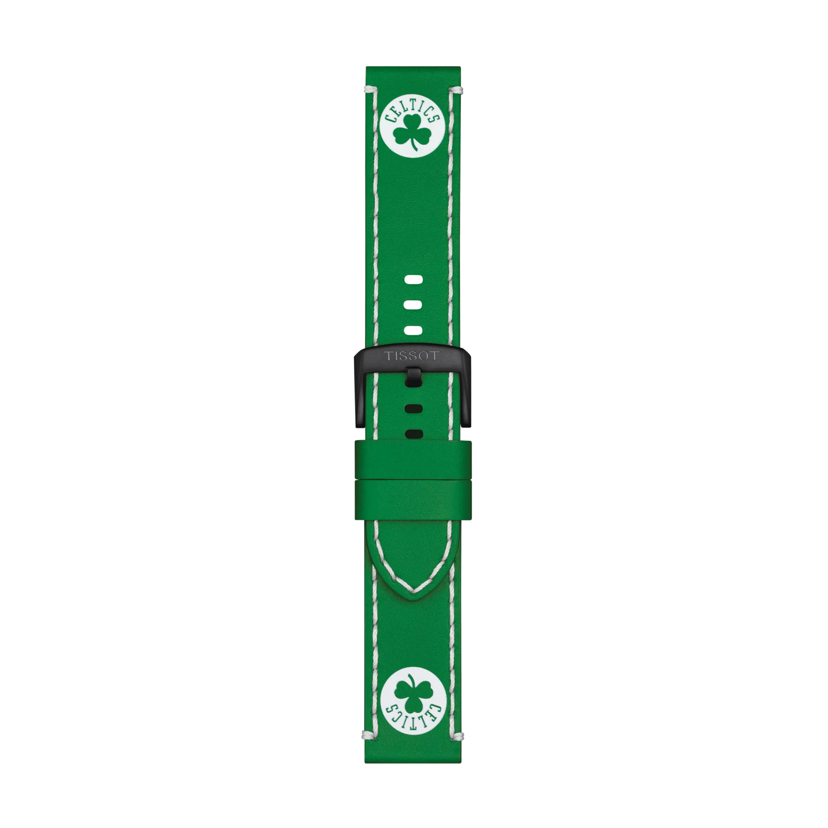 The Tissot Official Green Leather Strap (Lugs 22 mm) features white stitching and displays the Boston Celtics shamrock logo on both ends. The black buckle is engraved with the Tissot brand name, and the strap is pictured against a white background.