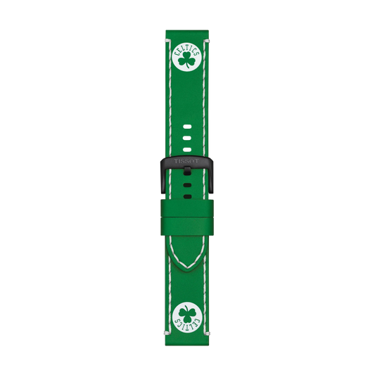 The Tissot Official Green Leather Strap (Lugs 22 mm) features white stitching and displays the Boston Celtics shamrock logo on both ends. The black buckle is engraved with the Tissot brand name, and the strap is pictured against a white background.