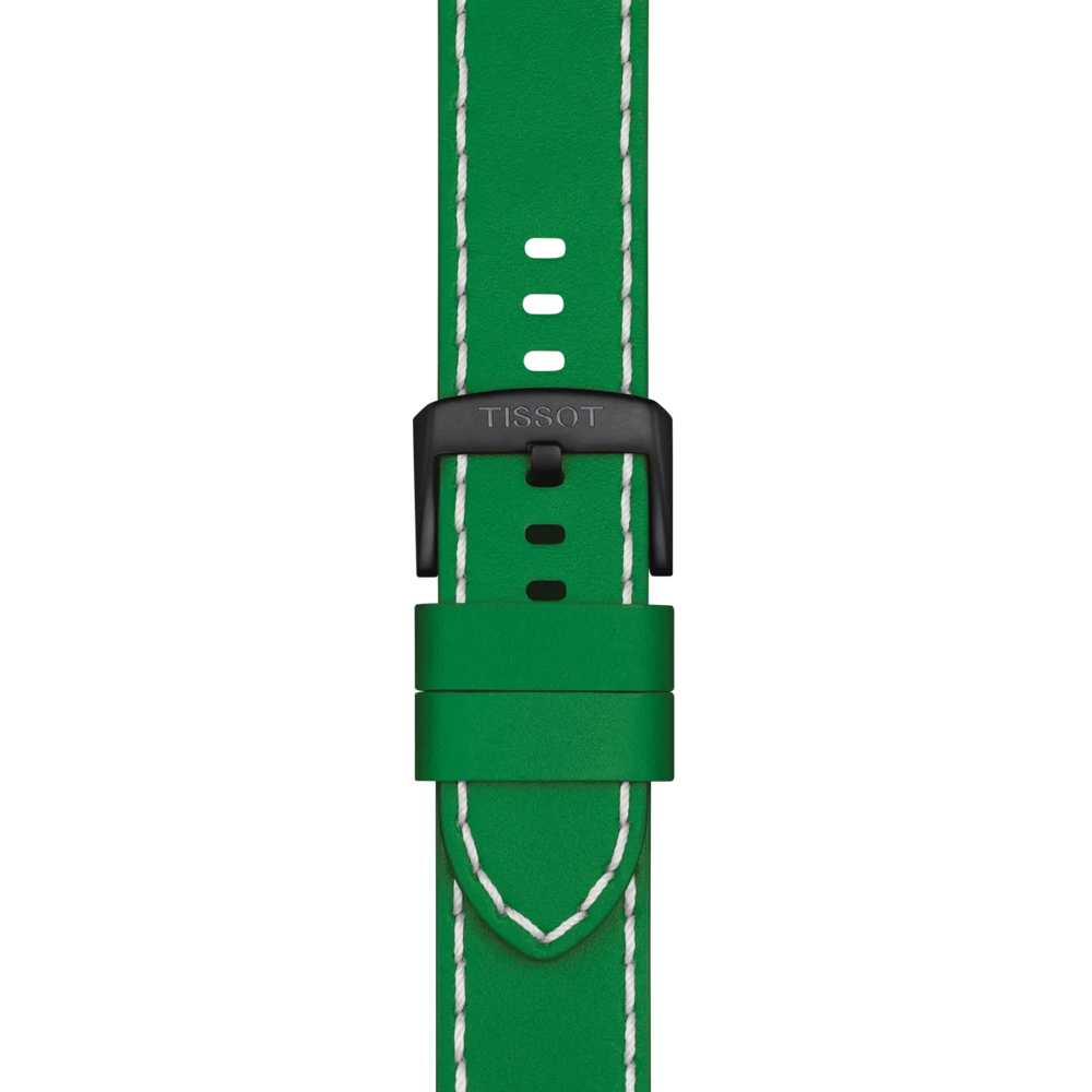 The Tissot Official Green Leather Strap Lugs 22 mm by Tissot features white stitching, a black buckle engraved with "TISSOT," and multiple holes for size adjustment, displayed against a plain white background.