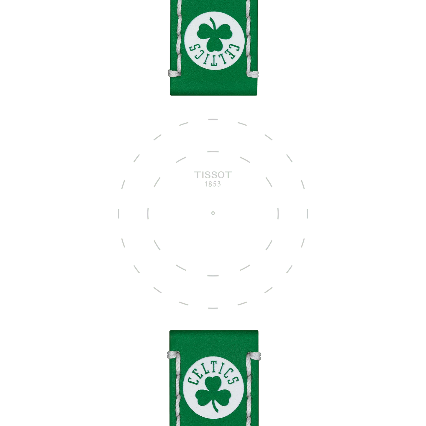 Green leather watch straps featuring the Celtics logo and a shamrock design frame a white face with “Tissot 1853” at its center, accented by dotted hour markers. Product: Tissot Official Green Leather Strap Lugs 22 mm by Tissot.