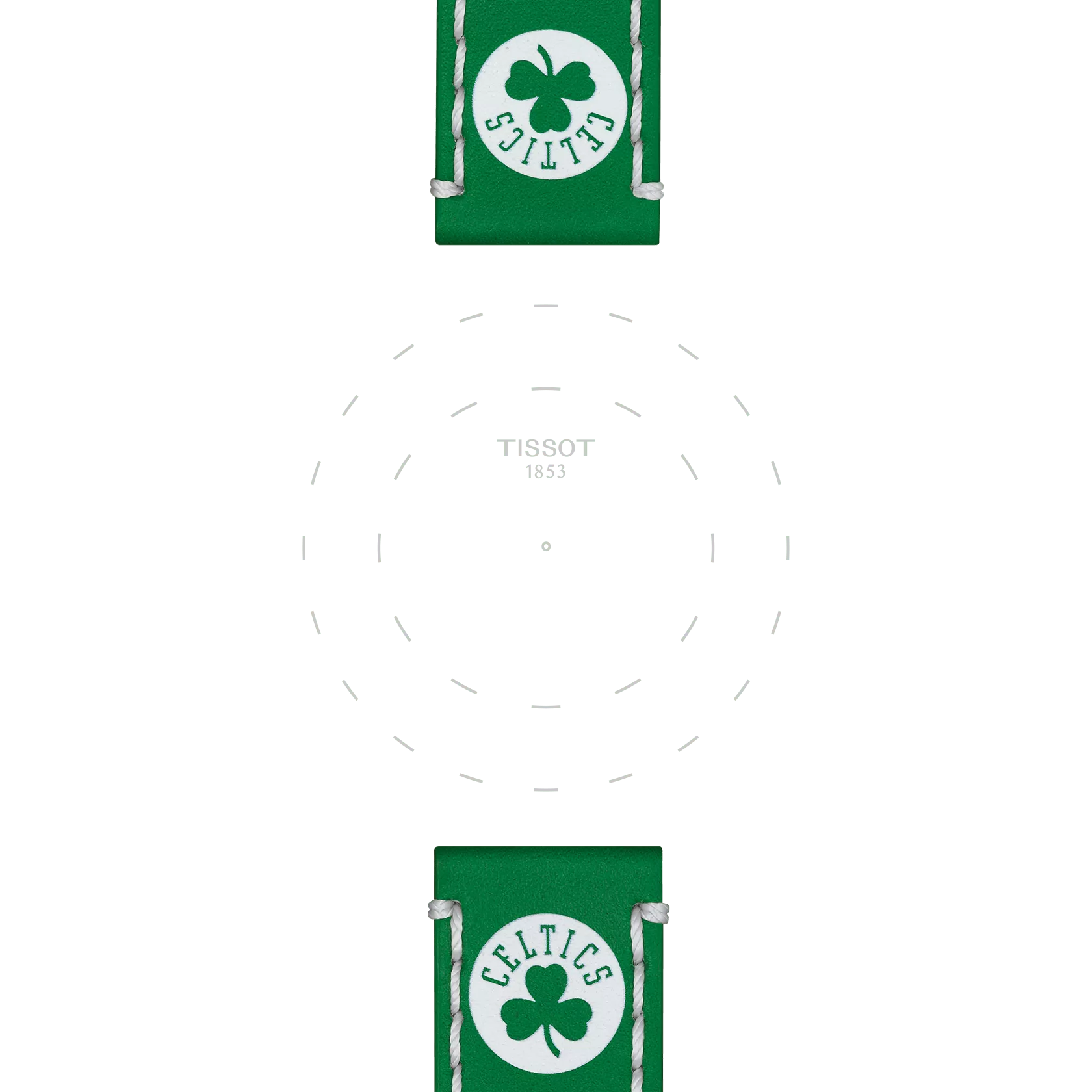 Green leather watch straps featuring the Celtics logo and a shamrock design frame a white face with “Tissot 1853” at its center, accented by dotted hour markers. Product: Tissot Official Green Leather Strap Lugs 22 mm by Tissot.