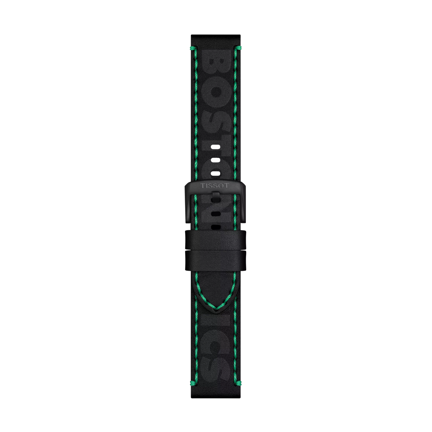 A Tissot Official Black Leather Strap (Lugs 22 mm) featuring green stitching, a metal buckle, and "BOSTON CELTICS" written in large green letters. The strap is displayed vertically against a plain light background.