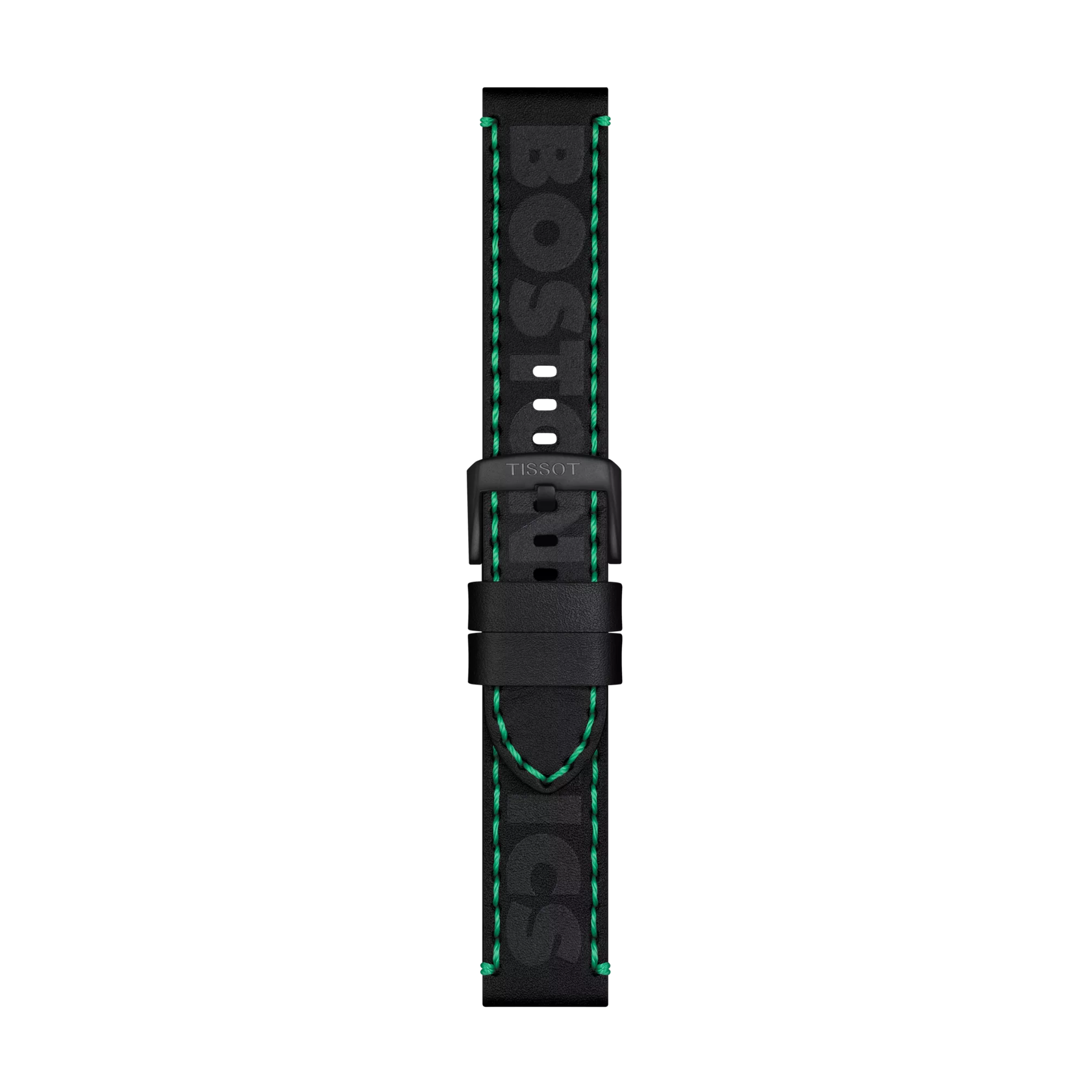 A Tissot Official Black Leather Strap (Lugs 22 mm) featuring green stitching, a metal buckle, and "BOSTON CELTICS" written in large green letters. The strap is displayed vertically against a plain light background.