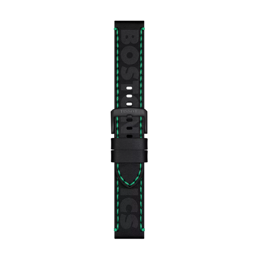 A Tissot Official Black Leather Strap (Lugs 22 mm) featuring green stitching, a metal buckle, and "BOSTON CELTICS" written in large green letters. The strap is displayed vertically against a plain light background.