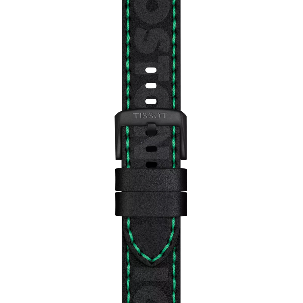 The Tissot Official Black Leather Strap (Lugs 22 mm) features striking green stitching, a black buckle, and prominent embossed branding. The strap is displayed centered on a white background.