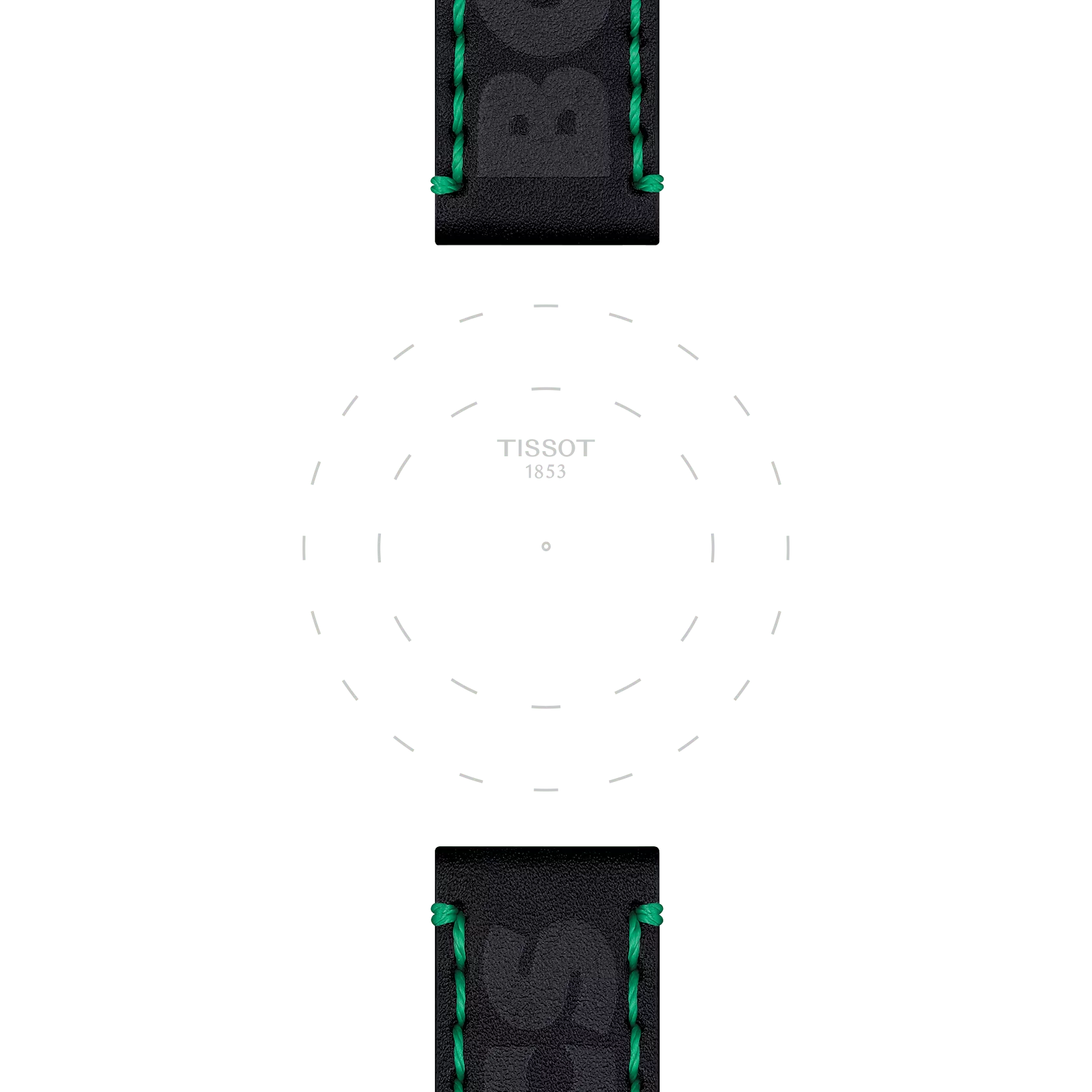 Minimalist image showcasing the Tissot Official Black Leather Strap (22 mm Lugs) featuring green stitching, with "TISSOT 1853" centered between the two black leather straps.