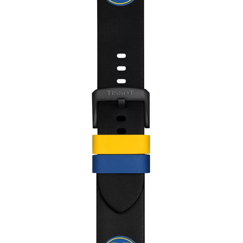 The Tissot Official Black Leather Strap (Lugs 22 mm) features a black design accented with yellow and blue loops and circular blue and yellow logos at each end. It is finished with a black buckle and includes adjustment holes for a custom fit.