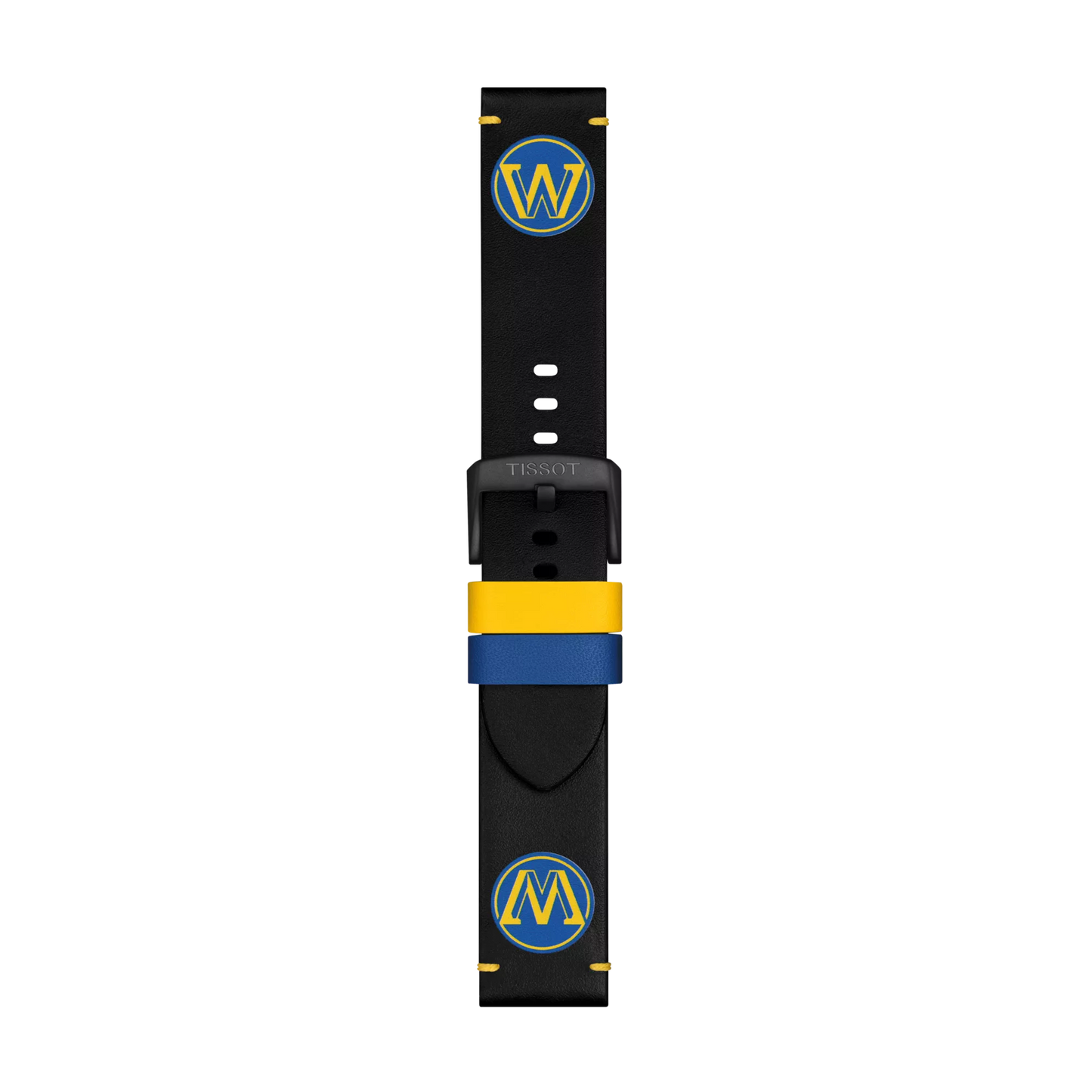 Tissot Official Black Leather Strap Lugs 22 mm, featuring blue and yellow Golden State Warriors logos at each end, a black buckle, and a blue and yellow loop near the buckle, displayed on a plain white background.