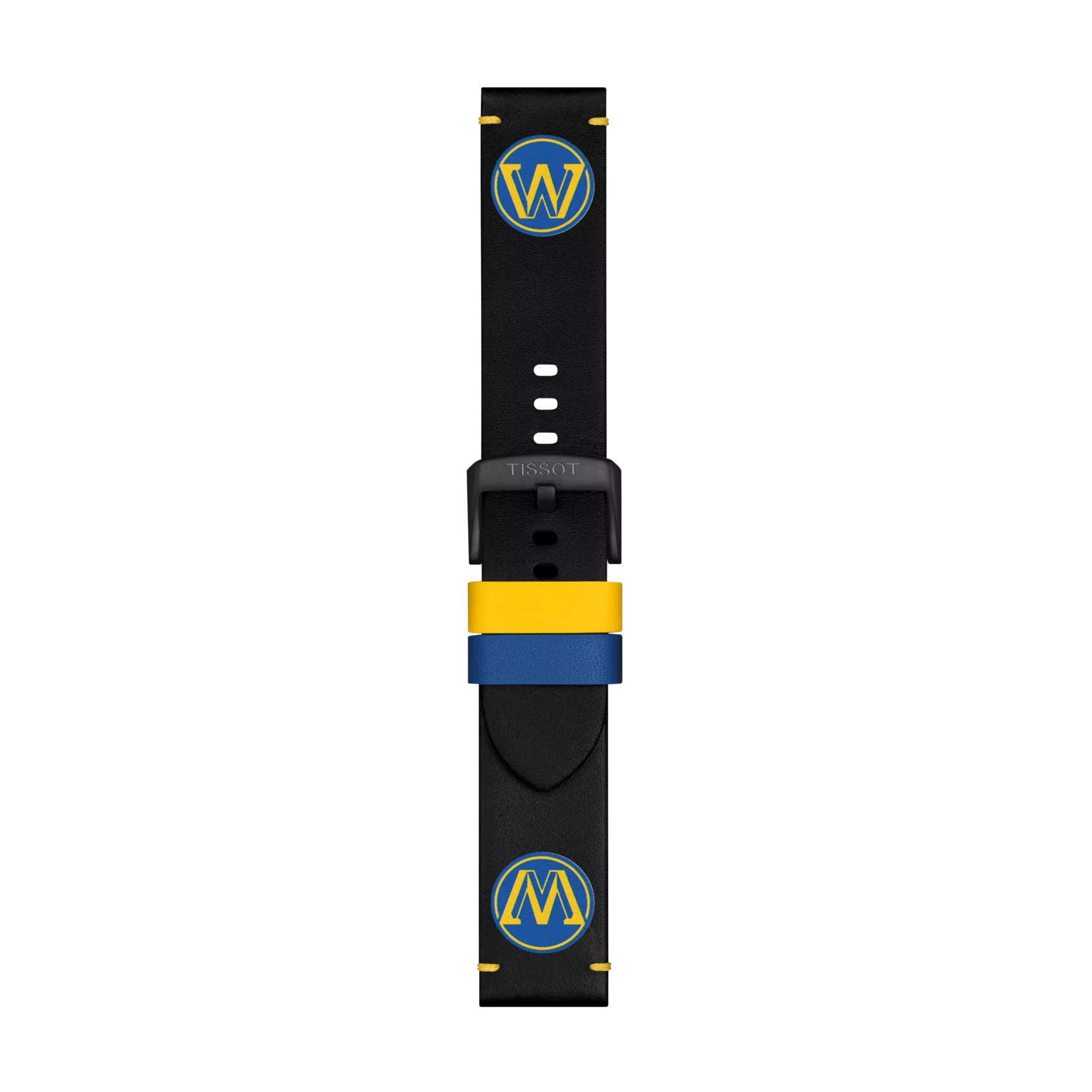 Tissot Official Black Leather Strap Lugs 22 mm, featuring blue and yellow Golden State Warriors logos at each end, a black buckle, and a blue and yellow loop near the buckle, displayed on a plain white background.