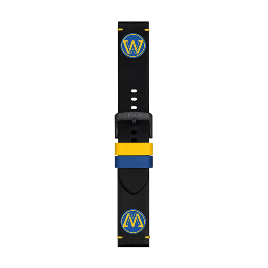 Tissot Official Black Leather Strap Lugs 22 mm, featuring blue and yellow Golden State Warriors logos at each end, a black buckle, and a blue and yellow loop near the buckle, displayed on a plain white background.