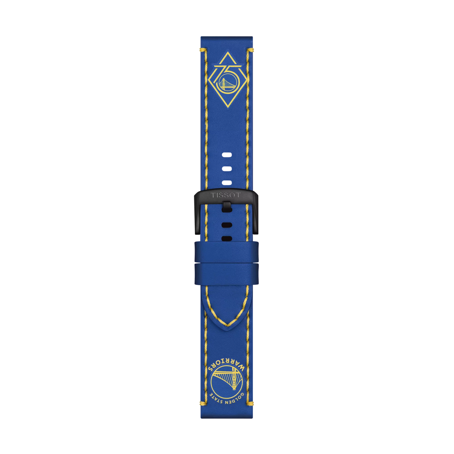 The Tissot Official Blue Leather Strap Lugs 22 mm features yellow stitching, the Golden State Warriors logo near the tip, and another team logo near the top. The black buckle is branded with “Tissot.” The background is white.
