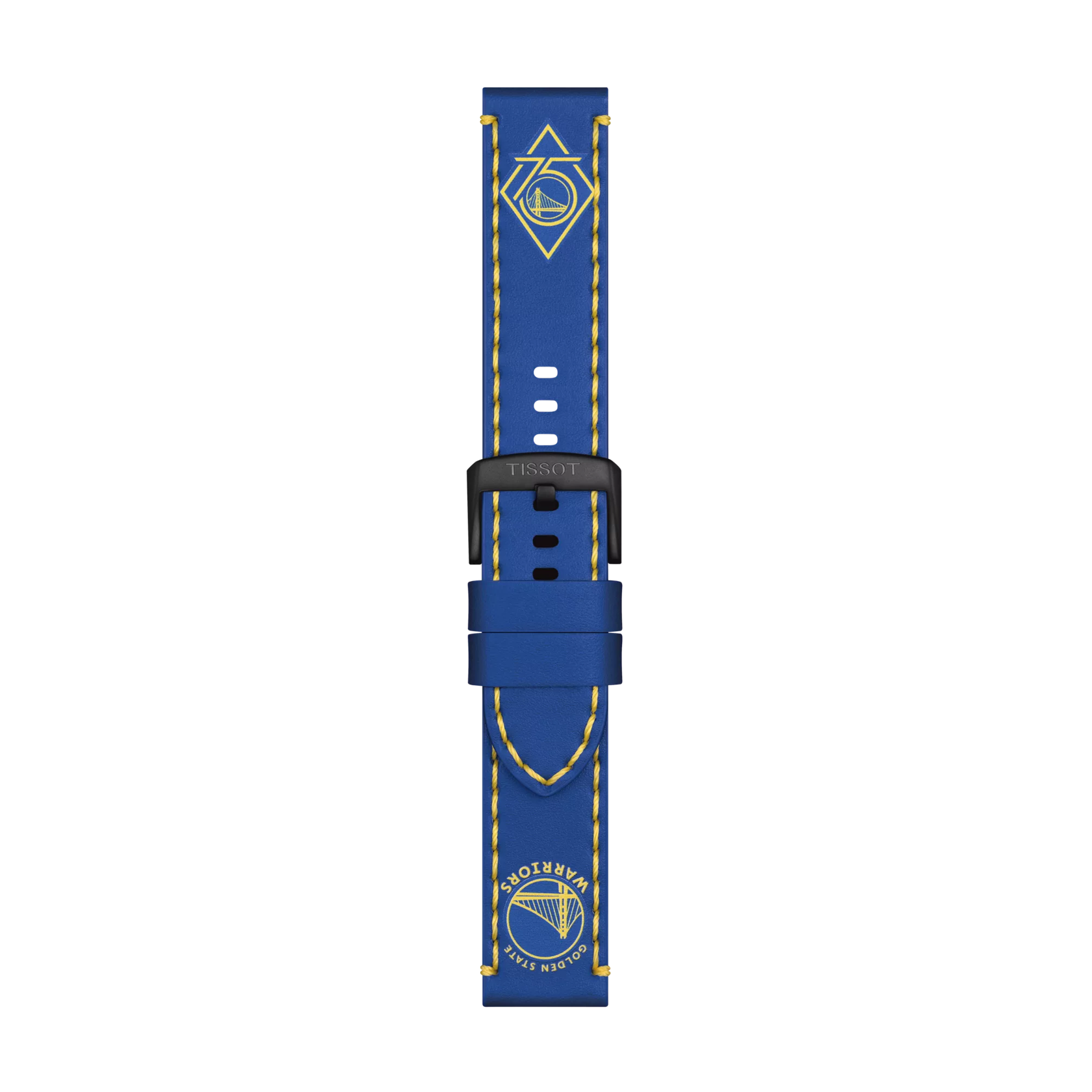 The Tissot Official Blue Leather Strap Lugs 22 mm features yellow stitching, the Golden State Warriors logo near the tip, and another team logo near the top. The black buckle is branded with “Tissot.” The background is white.