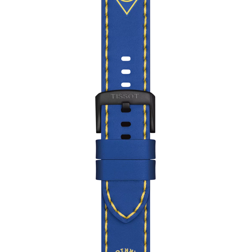 Close-up of the Tissot Official Blue Leather Strap Lugs 22 mm, featuring blue leather with yellow stitching, a black buckle, and white adjustment holes, showcased against a white background.